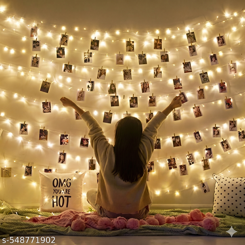 Festive Home Decoration Set – 25 Photos with Wooden Clips & Warm White LED String Lights – Perfect Wall Hanging for Festival & Celebration